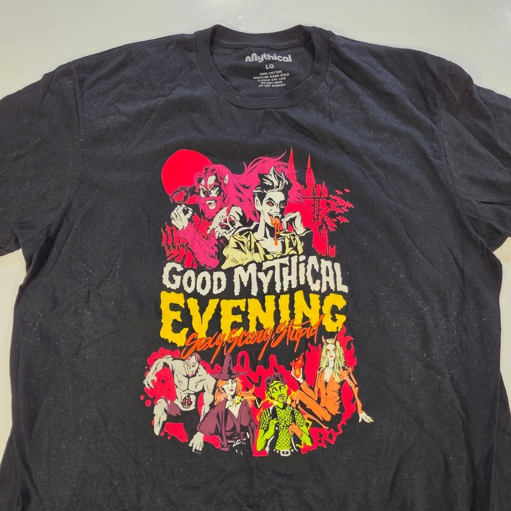 Mythical Good Mythical Evening Graphic T-Shirt Mens Lg Black Cotton Rhett Link